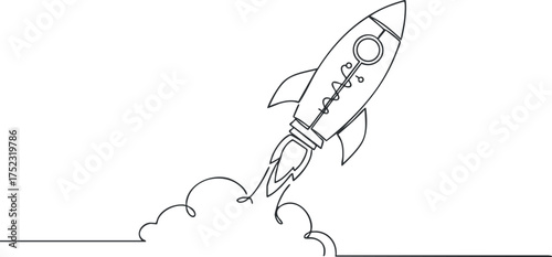 A minimalist illustration of a rocket launching into space with clouds and motion lines.