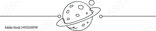A minimalist outline illustration of a planet surrounded by stars and moons in space.