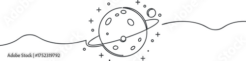 Minimalist illustration of a planet with rings and stars in a cosmic setting.