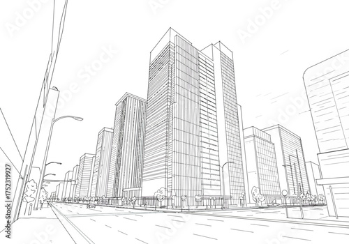 Architectural Sketch of a Modern Cityscape with High-Rise Buildings.