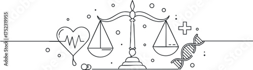 Illustration of a balance scale with health symbols such as a heartbeat and DNA representing medicine.