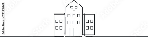 A simple line drawing of a hospital building representing healthcare and medical services.
