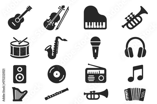 Collection of musical instrument icons: guitar, violin, piano, trumpet, drum, saxophone, microphone, harp