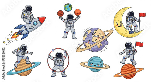 Astronaut space adventure with planet and rocket cartoon