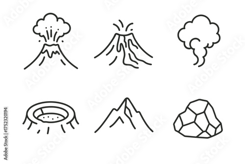 Volcano and geology icons: eruption, lava, steam, crater, mountain, rock
