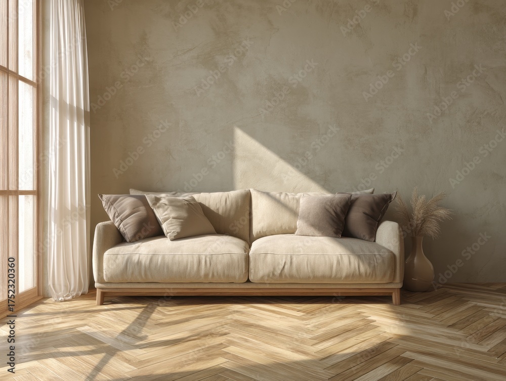 Fototapeta premium A white couch with brown pillows sits in a room with a tan wall