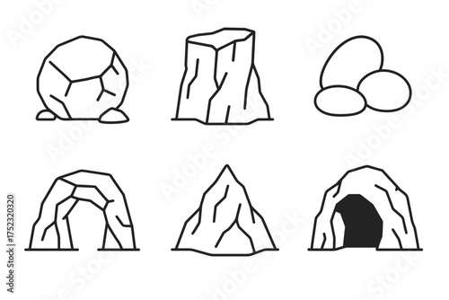 Collection of simple line drawings of various rock formations and caves