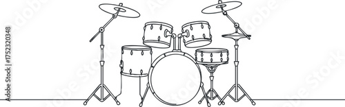 A simple line drawing of a drum set ideal for music-related designs and illustrations.