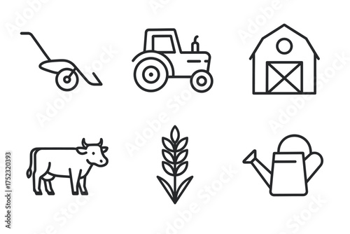 Farm icons: plow, tractor, barn, cow, wheat, watering can in simple line art