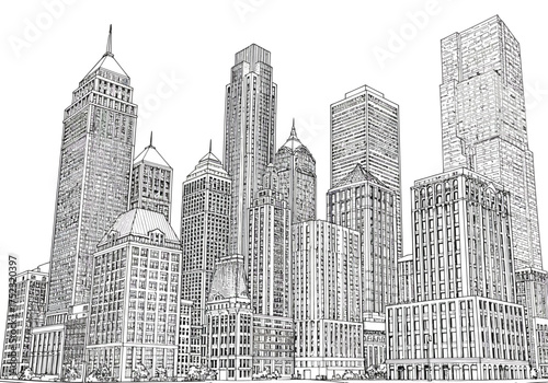 Black and White Cityscape Sketch with Tall Buildings and Skyscrapers.