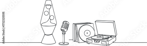 A minimalist illustration featuring a lava lamp microphone vinyl records and a turntable on a table.