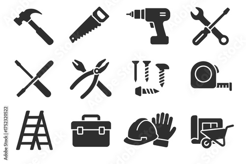 Set of black tool icons: hammer, saw, drill, screwdrivers, wrench, ladder, toolbox, helmet