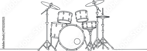 Outline illustration of a drum kit featuring drums and cymbals on a white background