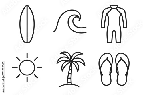 Surfboard wave wetsuit sun palm flip-flops summer beach icons