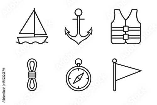 Nautical icons: sailboat, anchor, life vest, rope, compass, flag line art