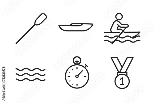 Icon set: kayak, paddle, water waves, stopwatch, medal for rowing enthusiasts
