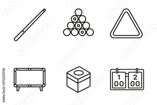 Billiards icons: stick, balls, rack, table, chalk, scoreboard for pool game design