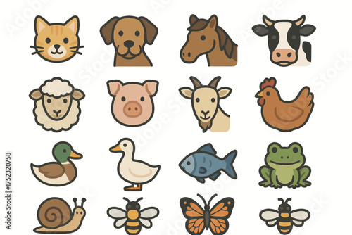 Cute farm and forest animal icons collection