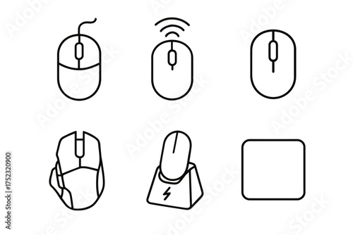 Variety of computer mouse icons: wired, wireless, gaming, charging stand, and trackpad