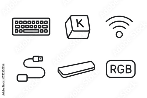 Minimalist icons: keyboard, keycap, wi-fi, usb, wrist rest, rgb