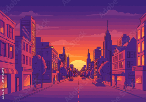 Vibrant Cityscape at Sunset with Buildings and Street.