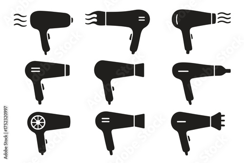 Set of nine black hair dryer icon designs in various styles