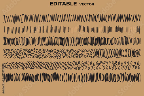 Set of six hand drawn abstract brush stroke borders on a textured background