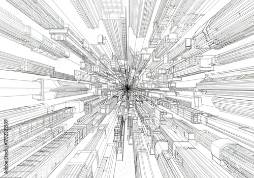 Abstract Architectural Wireframe Perspective of a Futuristic Cityscape.