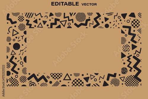 Retro 80s memphis style geometric pattern border with blank space
