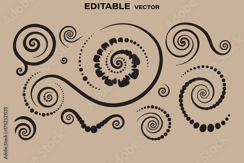 Collection of decorative black swirls and spirals with dot accents