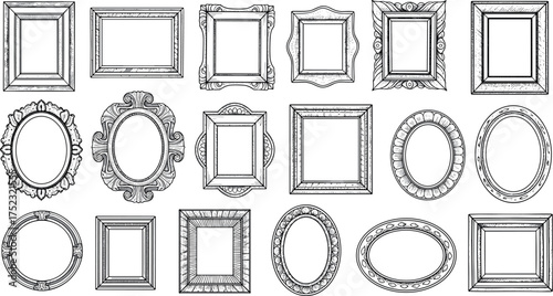 Collection of various ornate and decorative picture frames in sketch style