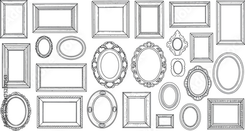 Assortment of vintage sketched photo frames, decorative borders, and gallery elements in a doodle style
