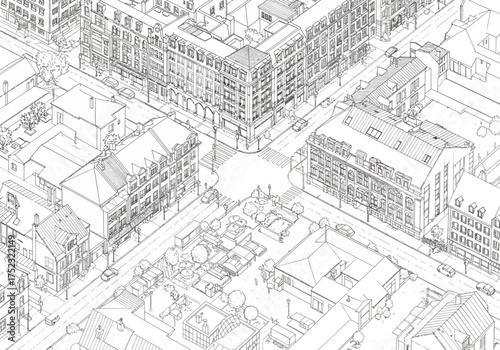 Detailed Architectural Drawing of a European Cityscape with Buildings and Streets.