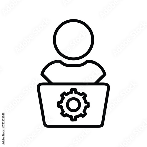 It support specialist working on laptop with gear icon for technical assistance and maintenance tasks