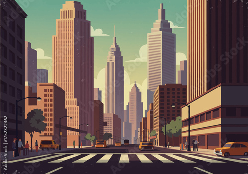 Urban Landscape with Skyscrapers and Street Scene Illustration.