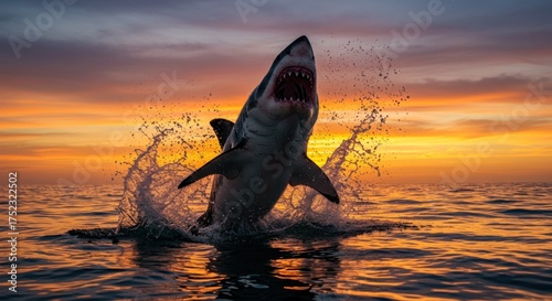A great white shark leaps from the ocean water during a vibrant sunset.