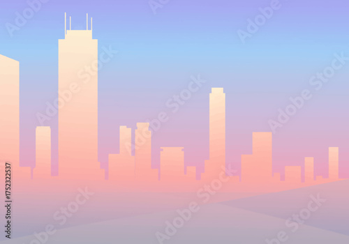 Pastel Cityscape Silhouette at Sunset or Sunrise.
