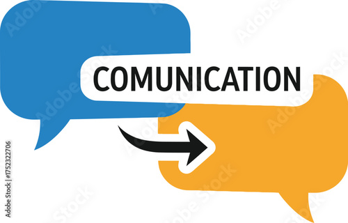 Communication icon showing two speech bubbles with the word communication and an arrow indicating interaction