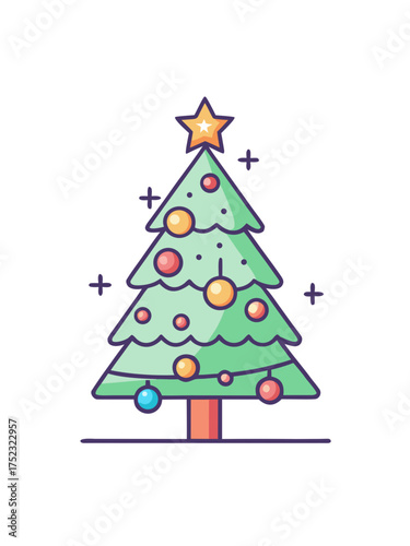 Modern flat vector christmas tree decorated with ornaments and star icon for holiday season