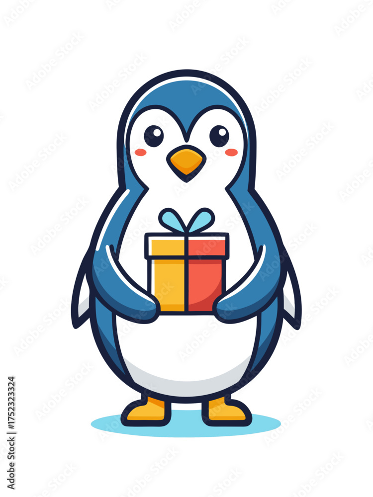 Obraz premium Modern flat vector penguin holding gift icon cute illustration for holiday and celebration themes