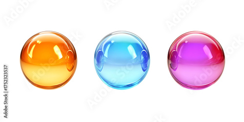 Three Translucent Spheres in Orange, Blue, and Purple Lined Up on a Transparent Background