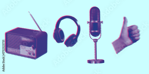 A vibrant collage featuring essential radio and audio gear, including a microphone, headphones, radio, and a thumbs-up symbol. This dynamic composition celebrates sound, broadcasting, and music cultur