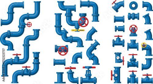 Industrial pipes, valve icons, plumbing system, red handwheel, blue piping, water control, engineering elements, vector illustration, construction set, segmented design