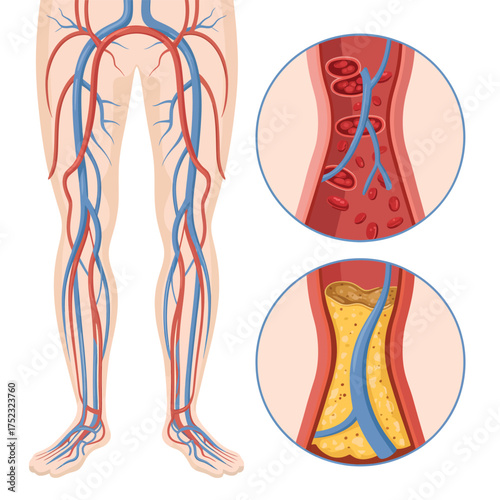 Illustration of healthy and diseased leg arteries and veins