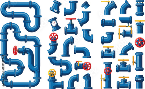 Industrial pipe system, plumbing components, valve fittings, blue pipeline design, mechanical connectors, vector illustration, gas water flow, engineering elements