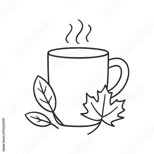 Minimalist line art icon of a cozy autumn hot drink with a steaming mug and leaves
