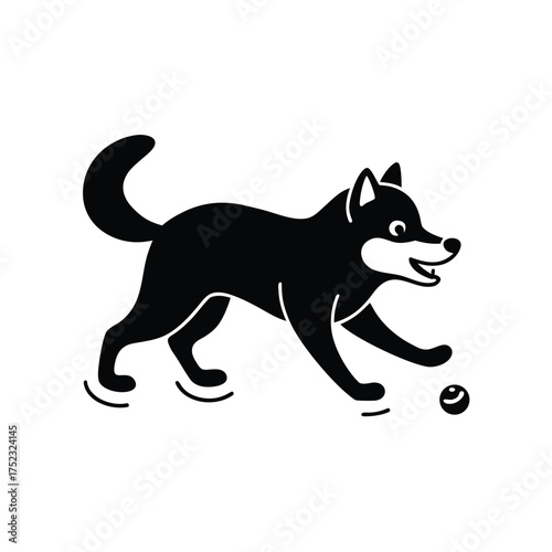 Husky dog skating with tongue out playing hockey on ice