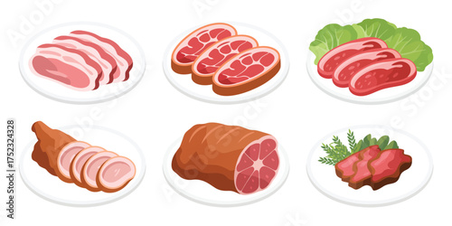 Collection of raw meat cuts on white plates isolated on white background