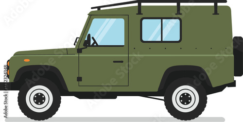 Off-road vehicle, four-wheel drive, adventure SUV, rugged design, military green, vector illustration, roof rack, flat style, explorer icon