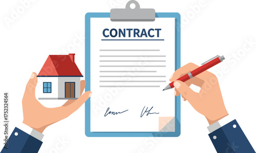Real estate contract, house signing, property agreement, clipboard document, pen, illustration, investment, vector graphic, flat design, homeownership icon
